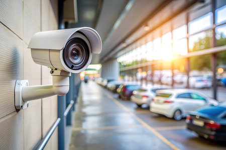CCTV security camera or surveillance system in office building with car parkingの写真素材