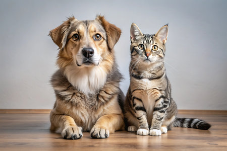 Cat and dog sitting on the floor in front of a grey backgroundの写真素材