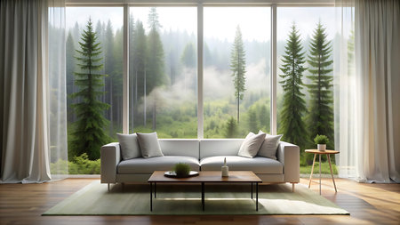 interior with large window view, 3d render illustration mock up