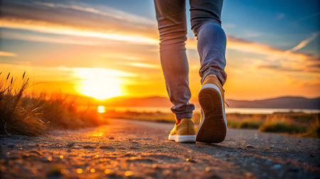 Female legs in sneakers on the background of a beautiful sunset. The concept of travel and tourism.の写真素材