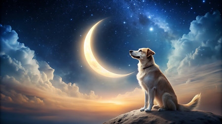 Golden retriever dog sitting on the moon and looking at the starsの写真素材