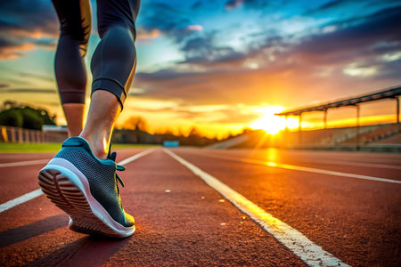 Runner feet on running track at sunset. Healthy lifestyle and fitness concept.