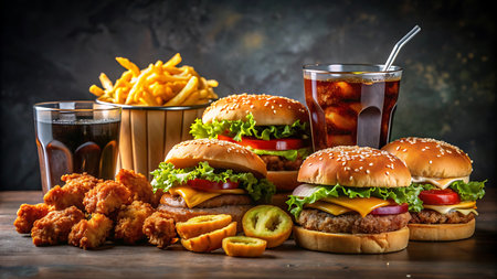 Hamburgers, french fries and cola on wooden tableの写真素材