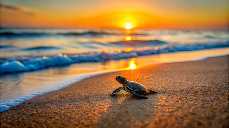 Little baby sea turtle on the beach at sunset. Nature background.の写真素材