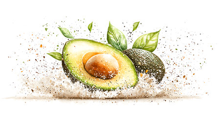 Avocado with splashes isolated on white background. Watercolor illustrationの写真素材