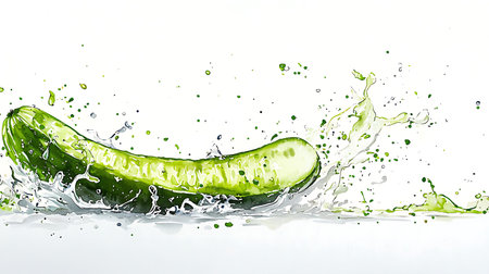 Cucumber splashing with water, isolated on white background.の写真素材