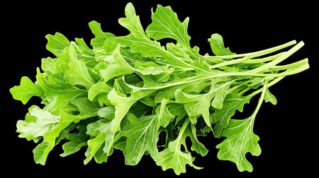 Bunch of fresh green arugula leaves isolated on black backgroundの写真素材