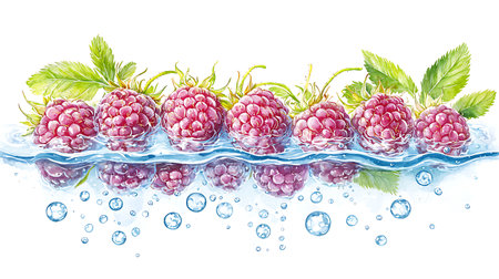 Raspberry with water splashes isolated on white background. Watercolor illustration.の写真素材