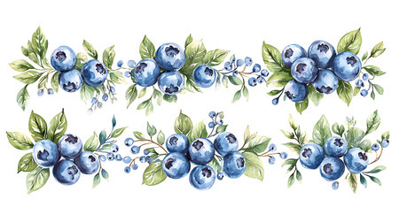 Watercolor blueberries with leaves and branches. Hand drawn illustration.