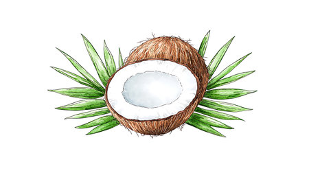 Coconut with leaves isolated on white background. Watercolor hand drawn illustration.の写真素材