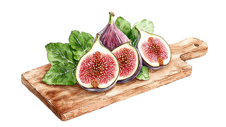 Fresh figs on wooden cutting board. Hand drawn watercolor illustrationの写真素材