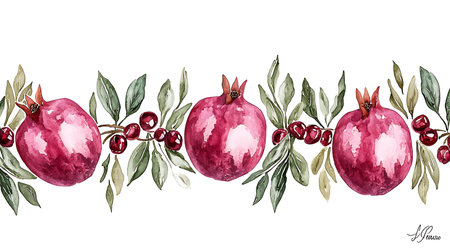 Watercolor pomegranate seamless border. Hand painted illustration.の写真素材