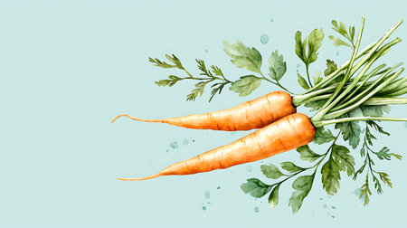 Carrots with green leaves and parsley. Hand drawn watercolor illustrationの写真素材
