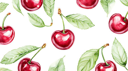 Seamless pattern with cherries. Hand drawn watercolor illustration