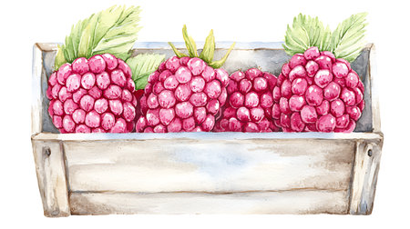 Raspberries in a wooden box. Watercolor hand drawn illustrationの写真素材