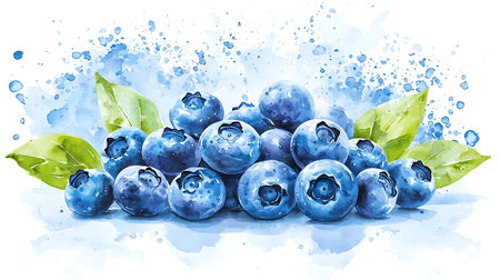 Blueberry with leaves on watercolor splashes background. Vector illustration.の写真素材
