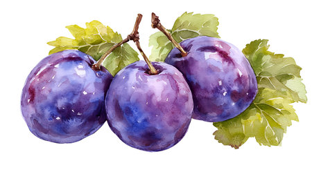 Watercolor painting of plums. Isolated on white background.の写真素材