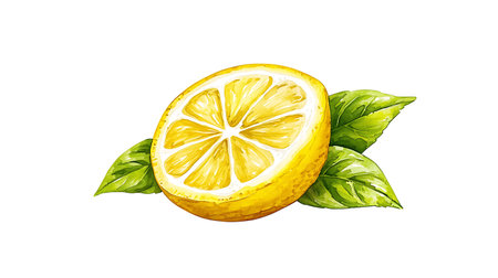Lemon slice with leaves isolated on white background. Hand drawn watercolor illustrationの写真素材