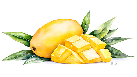 Mango fruit isolated on white background. Watercolor hand drawn illustrationの写真素材