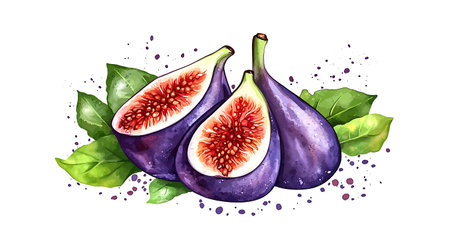 Fresh figs with leaves isolated on white background. Watercolor hand drawn illustrationの写真素材