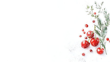 Christmas background with red berries and green branches on a white background.の写真素材