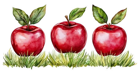 Red apples on green grass. Watercolor hand drawn illustration isolated on white backgroundの写真素材