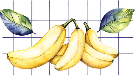 Watercolor illustration of ripe bananas with leaves on a white background.の写真素材