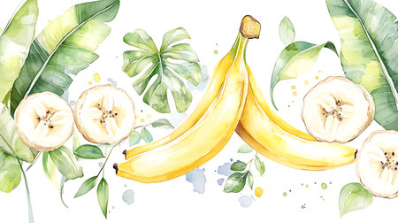 Banana fruit and leaves. Watercolor illustration on white background.の写真素材