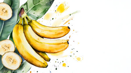 Bananas with leaves and watercolor splashes on a white backgroundの写真素材