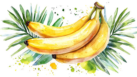 Watercolor illustration of ripe bananas and palm leaves on a white backgroundの写真素材