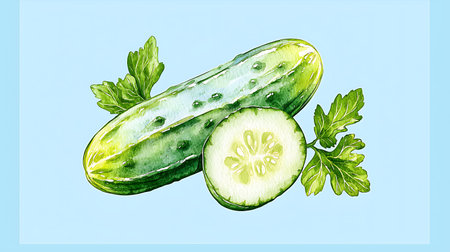Cucumber with parsley. Watercolor hand drawn illustration.の写真素材
