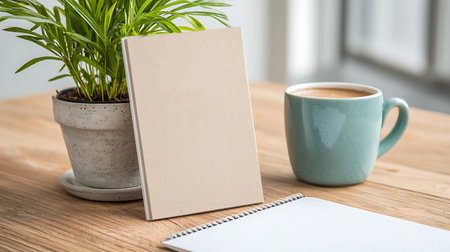Coffee cup and notebook on wooden table, stock image.の写真素材