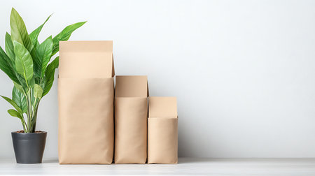 Brown paper bags with plant on white background. Mock up, 3D Renderingの写真素材