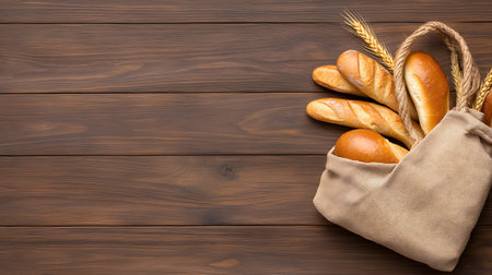Bread products in linen bag on wooden background. Top view with copy space