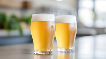 Two glasses of beer on a table in a pub or restaurant.
