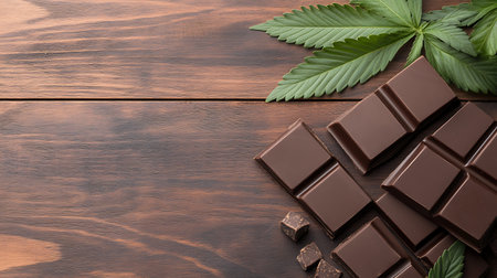 Chocolate bar with cannabis leaves on wooden background. Top view with copy spaceの写真素材