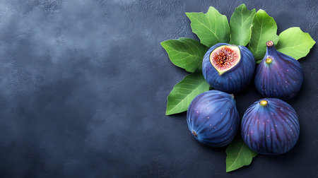 Fresh figs with leaves on dark background. Top view with copy spaceの写真素材