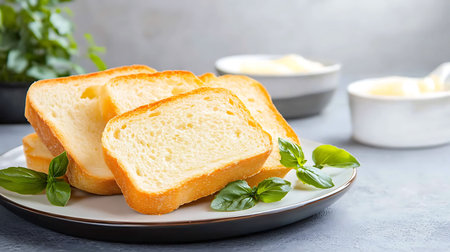 Slices of white bread with fresh basil on a plate.