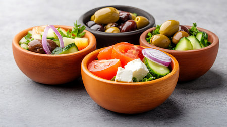 Greek salad with fresh vegetables, feta cheese and olives. Healthy food concept.の写真素材