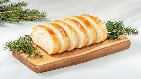 Freshly baked loaf of white bread on a wooden board with spruce branches