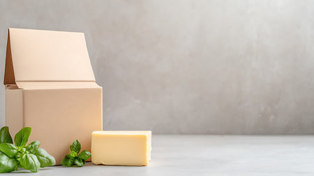 Mockup of a cardboard box with a piece of cheese and basil on a gray background