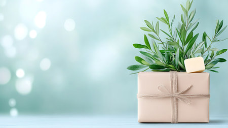 Gift box with green leaves on blue bokeh background.の写真素材