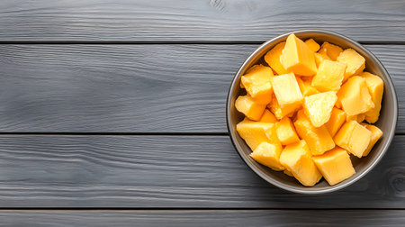 Mango cubes in bowl on grey wooden background. Top view.の写真素材