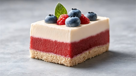 Piece of raspberry cheesecake with fresh blueberries and raspberries