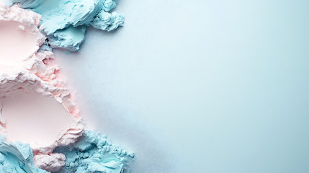 Blue and pink crushed ice cream on a white background with copy spaceの写真素材