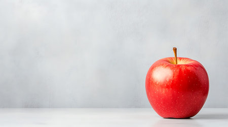 Red apple on a white table against the background of a gray wall
