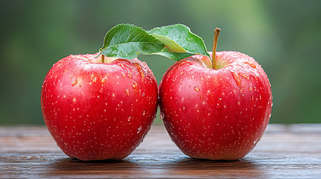 Red apples with water drops on wooden table in front of green backgroundの写真素材