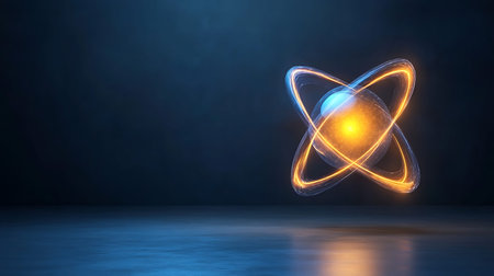 3d rendering of an atom on a dark background with copy space