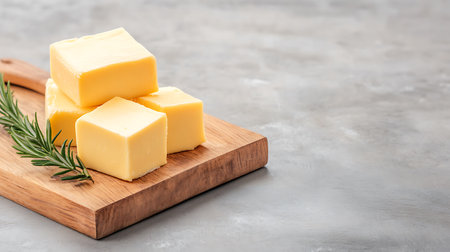 Wooden board with cubes of butter and rosemary on grey backgroundの写真素材