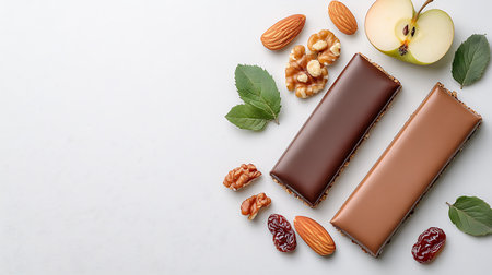 Chocolate bars with nuts and fruits on white background, top viewの写真素材